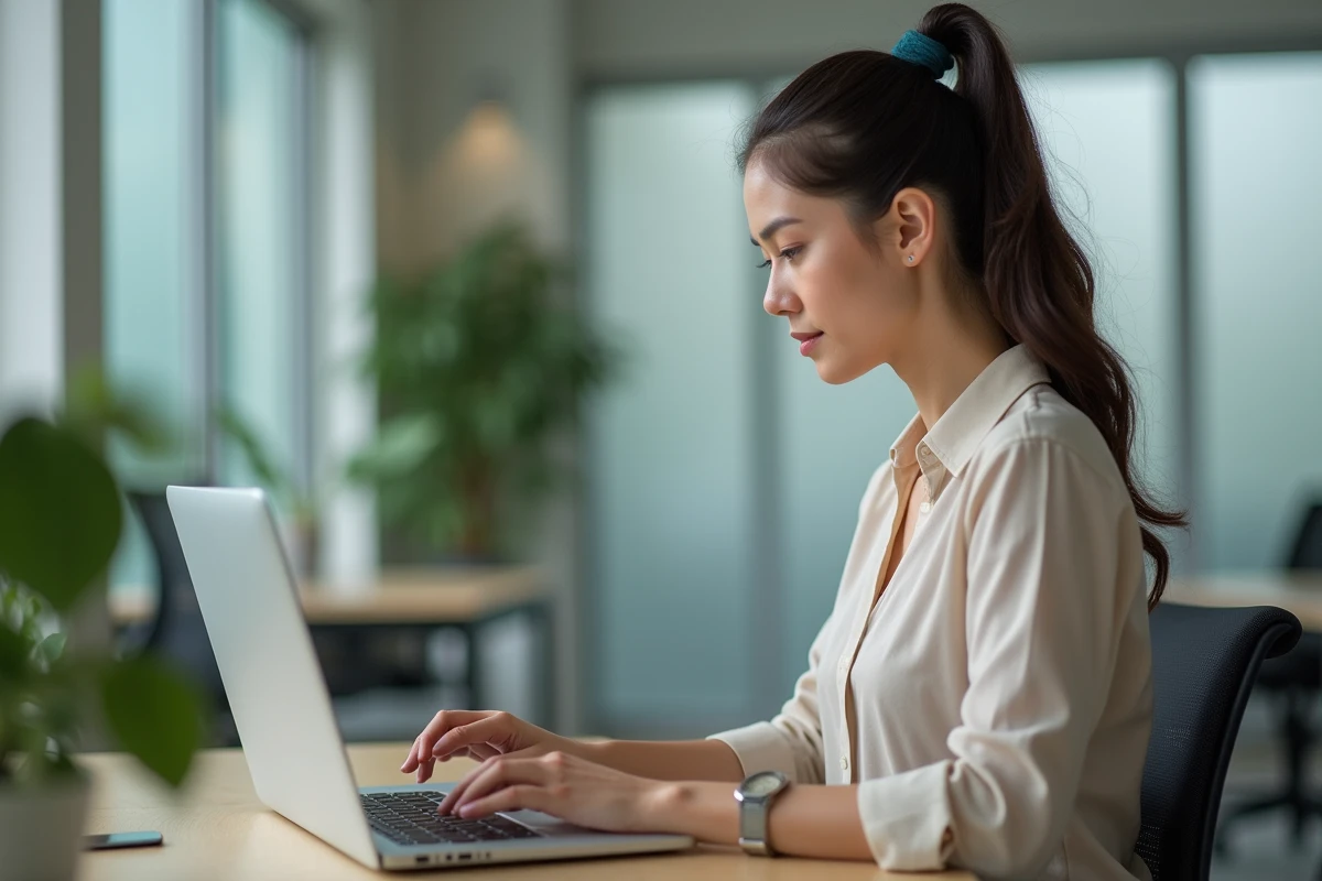 Femme au bureau regardant son ordinateur portable