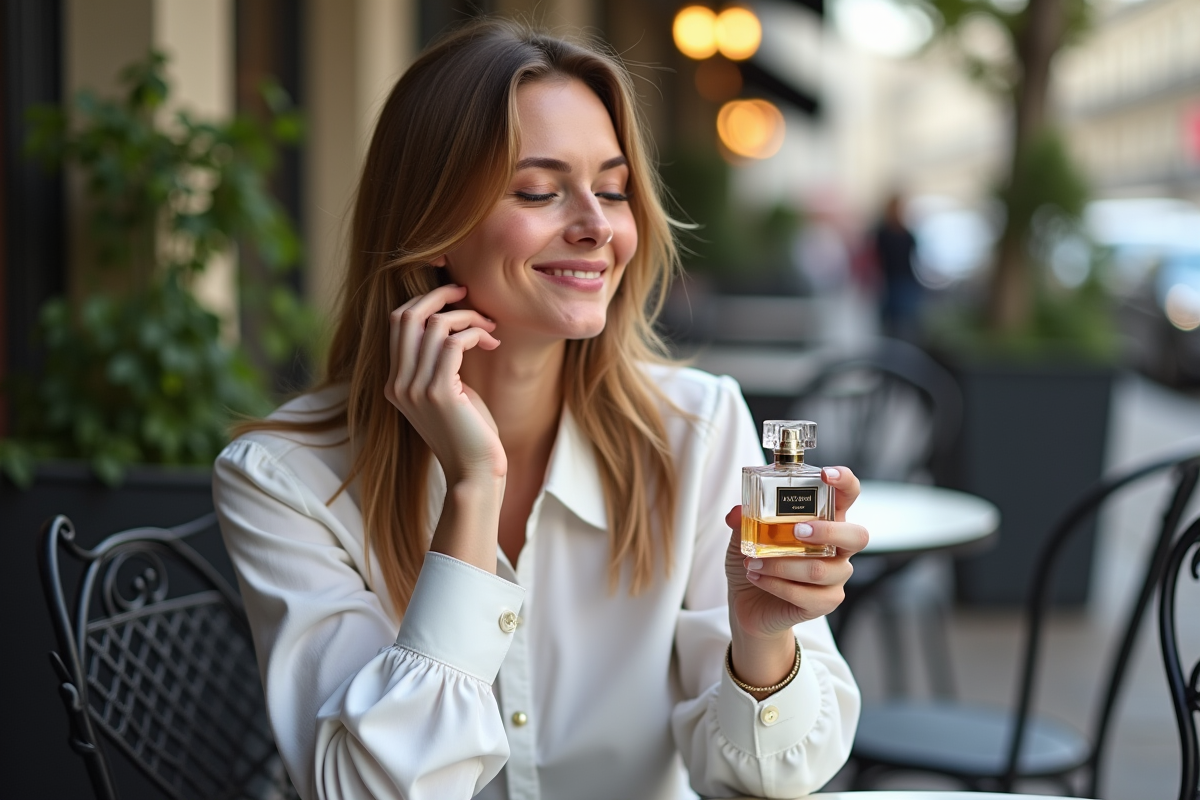 Femme appréciant parfum sur une terrasse de café parisien