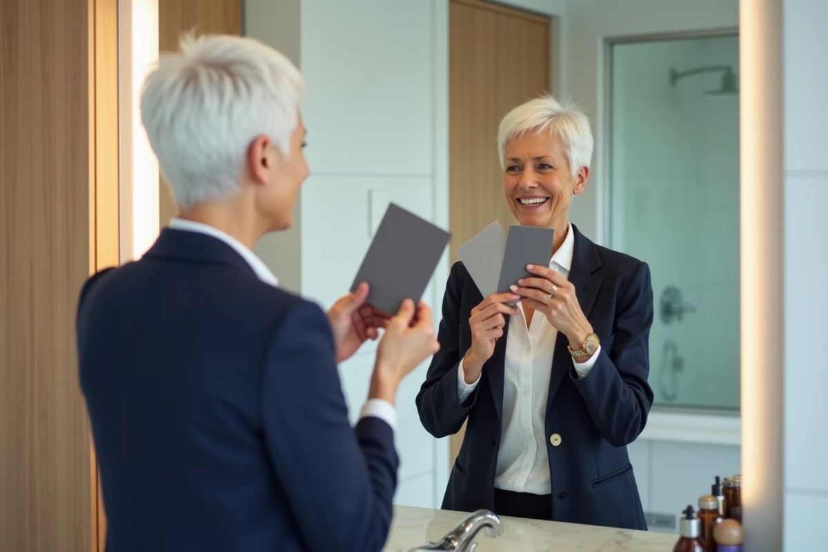 Femme aux cheveux blancs courts tenant des nuanciers couleur devant un miroir pour choisir la meilleure stratégie colorimétrique