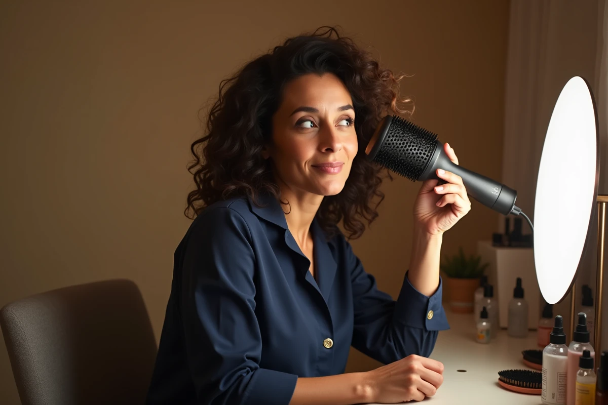 Femme aux cheveux bouclés évaluant le résultat d'une brosse soufflante devant un miroir de coiffeuse