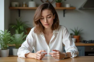 Femme aux cheveux bruns examine ses cheveux dans une ambiance naturelle