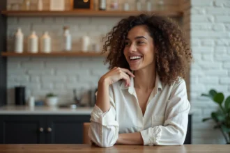 Femme souriante aux cheveux bouclés dans un salon moderne