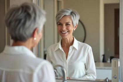 Femme aux cheveux gris dans un salon élégant