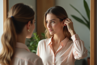 Femme élégante se regardant dans un miroir urbain lumineux