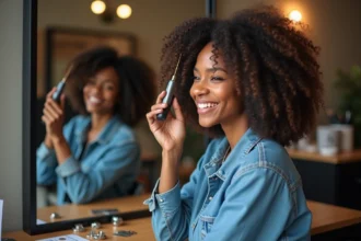 Femme souriante avec cheveux bouclés dans un salon moderne