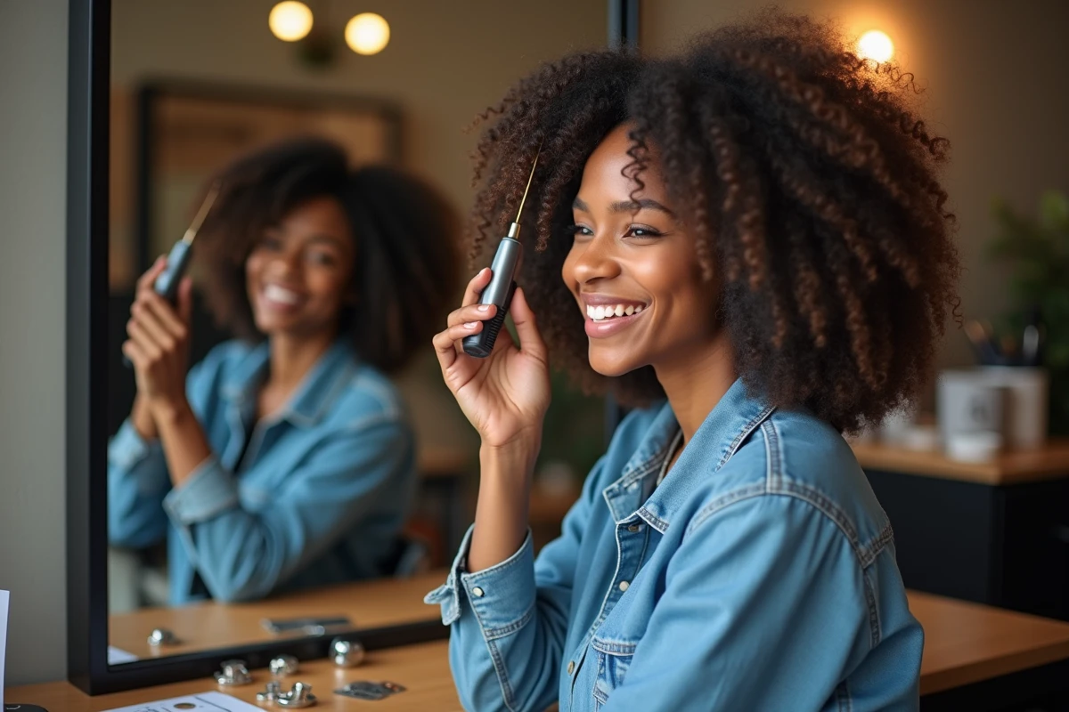 Femme souriante avec cheveux bouclés dans un salon moderne