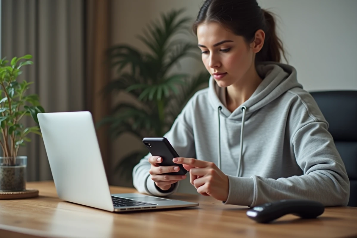 Femme comparant un rasoir Philips OneBlade avec des informations sur smartphone pour identifier la compatibilité du modèle