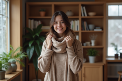 Jeune femme en tenue d'hiver chaleureuse dans un intérieur cosy