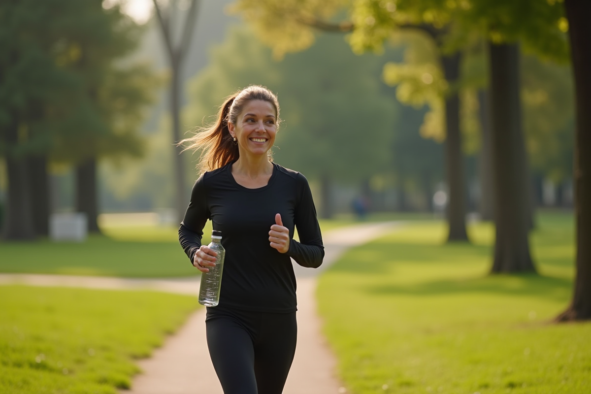 Femme active courant dans un parc urbain au matin