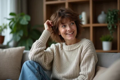 Femme aux cheveux shaggy dans un salon moderne et chaleureux