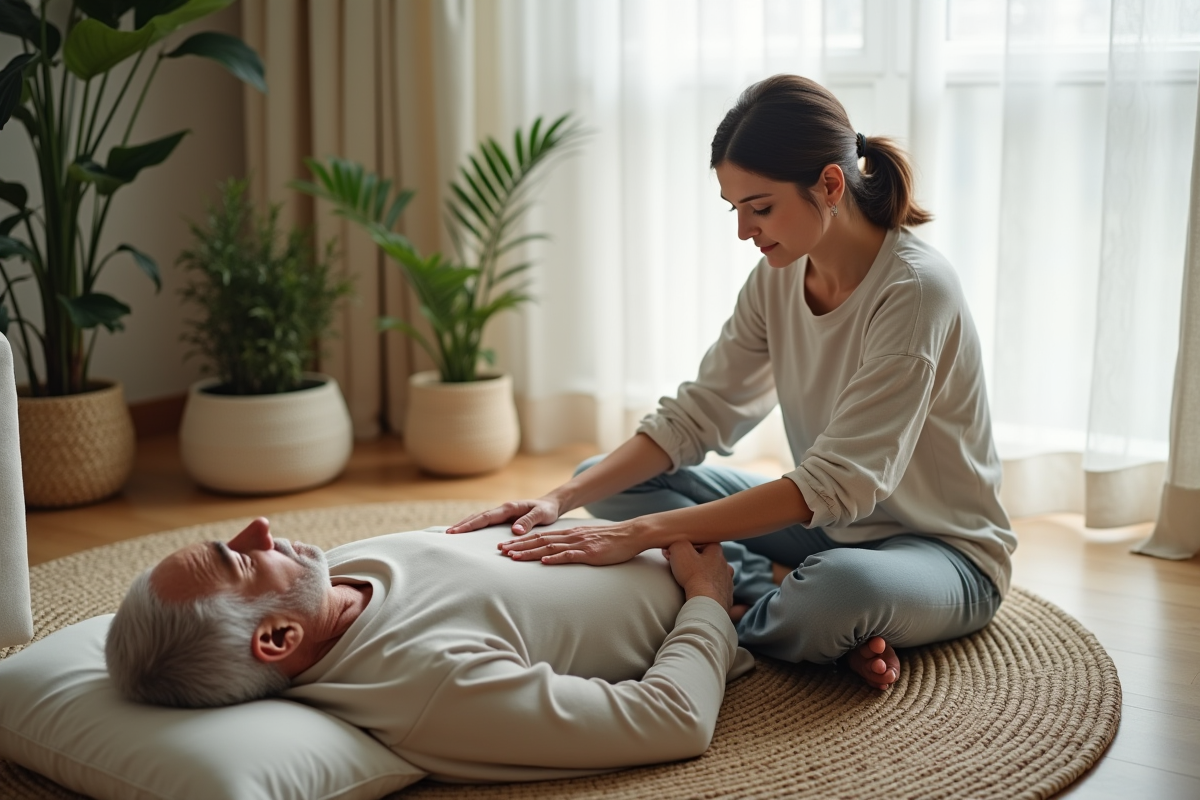 Femme d'âge moyen aidant un homme âgé dans un intérieur calme