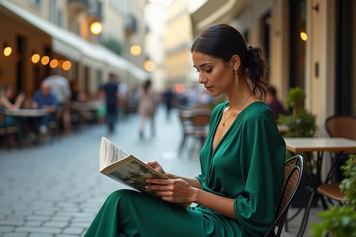 Femme élégante en terrasse de café européen symbolisant les standards de beauté culturels et internationaux