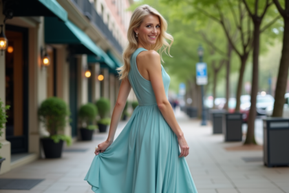 Femme élégante en robe bleu sur trottoir citadin