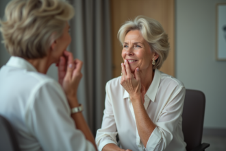 Femme élégante se regardant dans un miroir en clinique