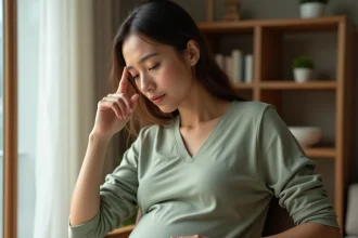 Femme enceinte touchant son piercing de nez avec précaution à la maison, illustrant les risques de rejet pendant la grossesse