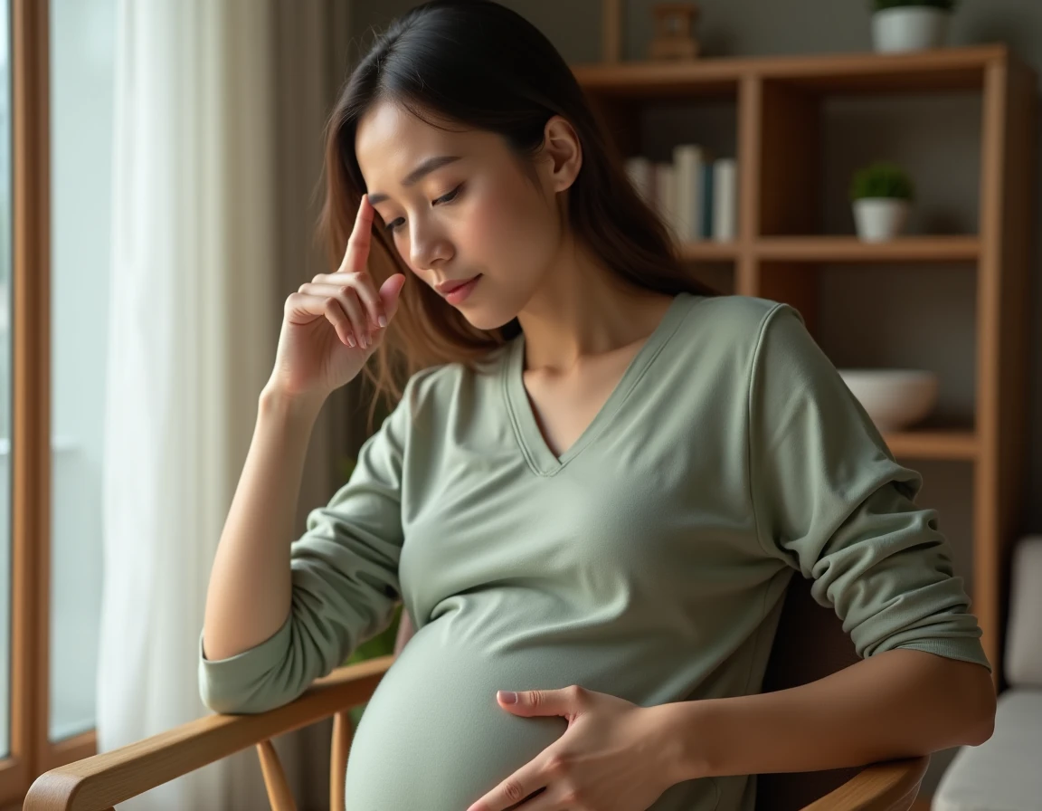 Femme enceinte touchant son piercing de nez avec précaution à la maison, illustrant les risques de rejet pendant la grossesse