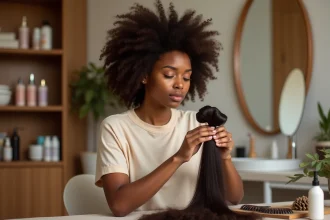 Jeune femme afro examinant des mèches de cheveux pour éviter les irritations du cuir chevelu