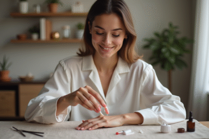 Jeune femme appliquant un faux ongle à la maison