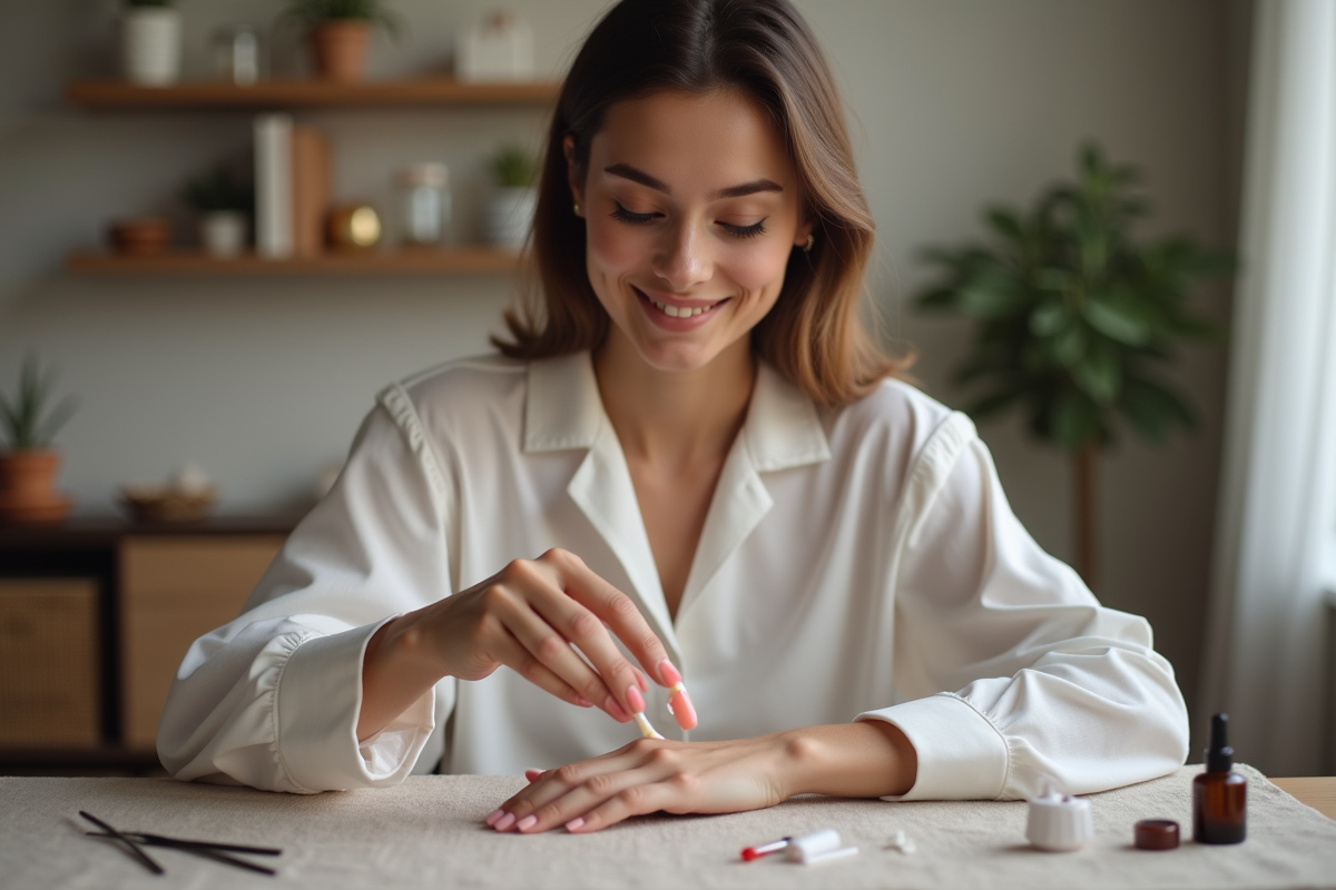 Jeune femme appliquant un faux ongle à la maison