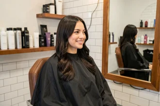 Femme aux cheveux lisses et brillants après un flash coiffeur dans un salon de coiffure moderne