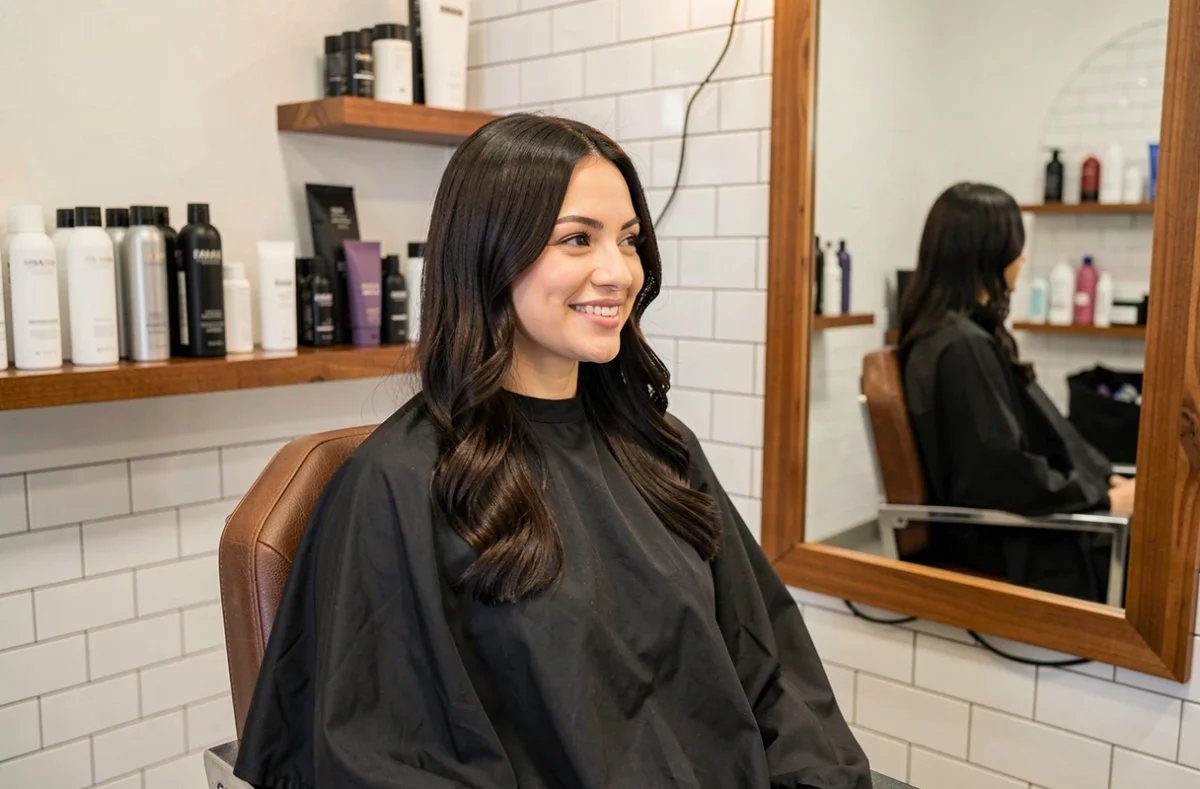 Femme aux cheveux lisses et brillants après un flash coiffeur dans un salon de coiffure moderne