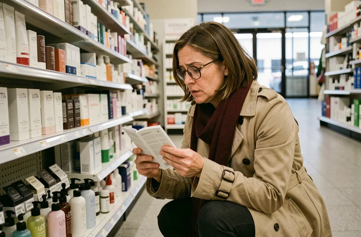 Femme française comparant des étiquettes de produits de soin dans le rayon skincare d'un magasin Ulta Beauty aux États-Unis