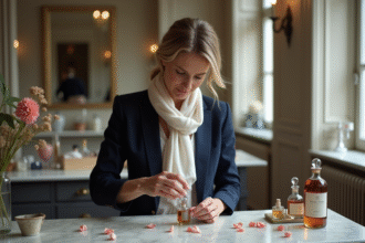 Femme élégante mélangeant huiles essentielles dans un atelier parisien