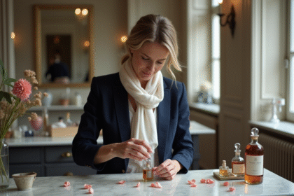 Femme élégante mélangeant huiles essentielles dans un atelier parisien