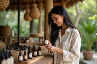 Femme examinant une bouteille d'huile de jasmin dans un marché balinais