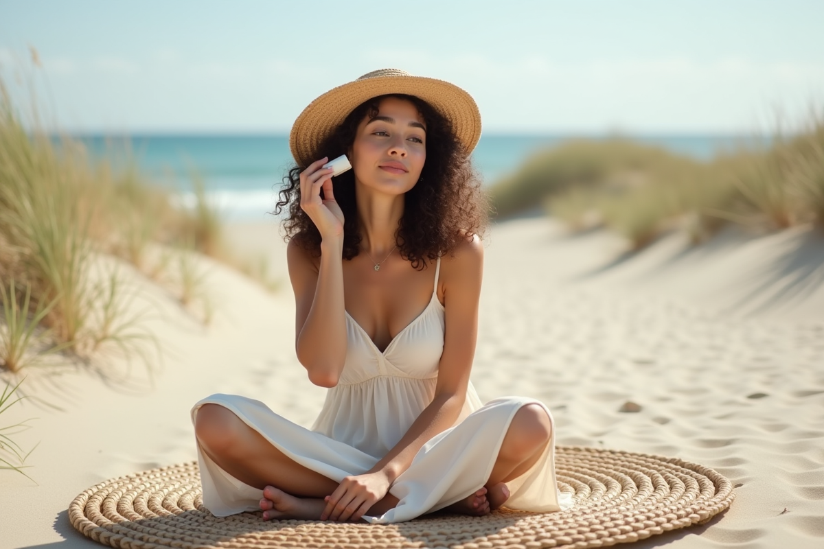 Jeune femme appliquant soin visage sur plage