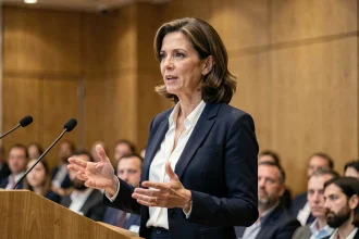 Femme influente prenant la parole lors d'une conférence professionnelle, symbolisant le leadership féminin et l'impact social