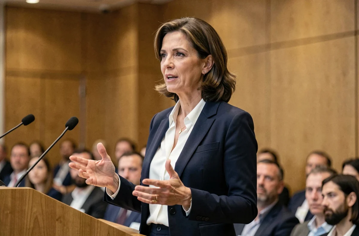 Femme influente prenant la parole lors d'une conférence professionnelle, symbolisant le leadership féminin et l'impact social