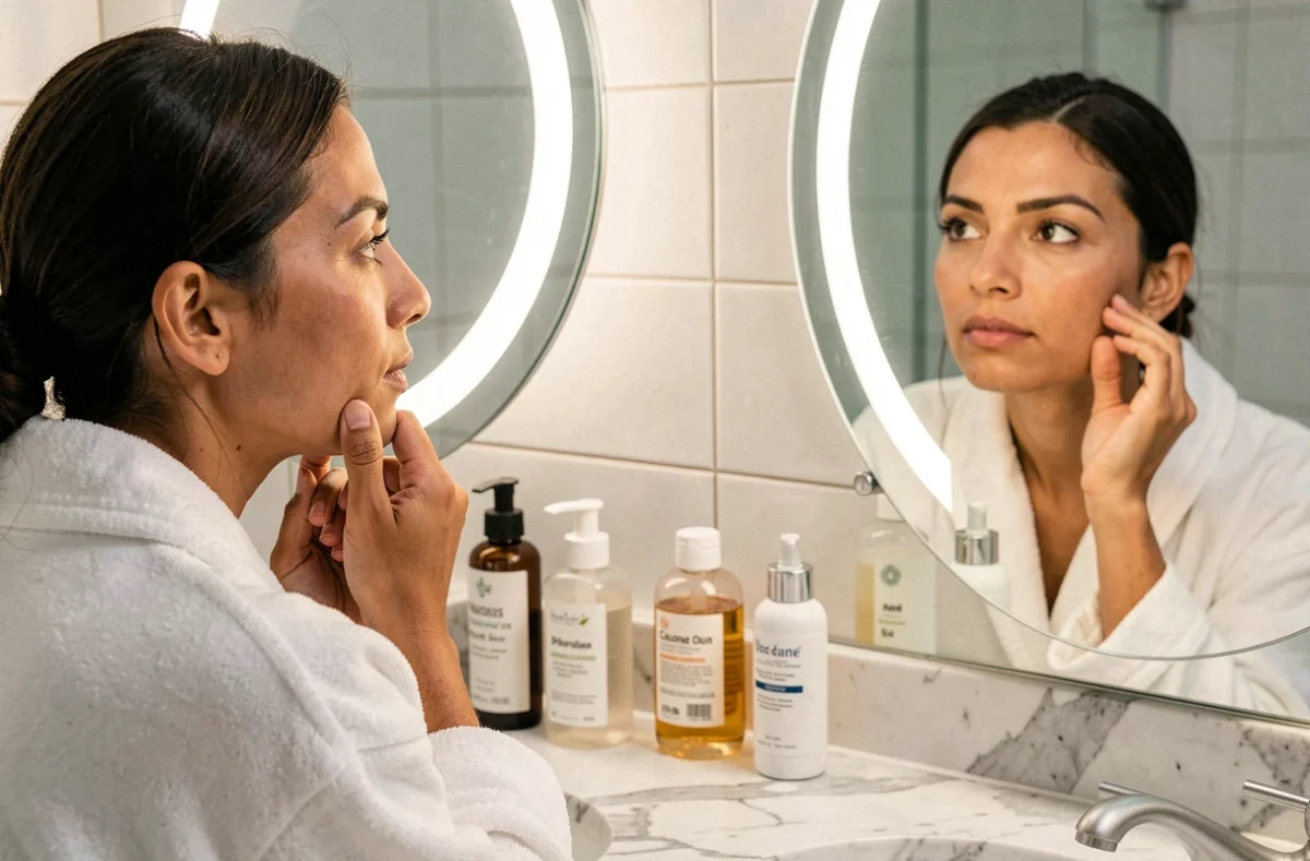 Femme inspectant sa peau devant le miroir de salle de bain entourée de produits de soin cosmétiques