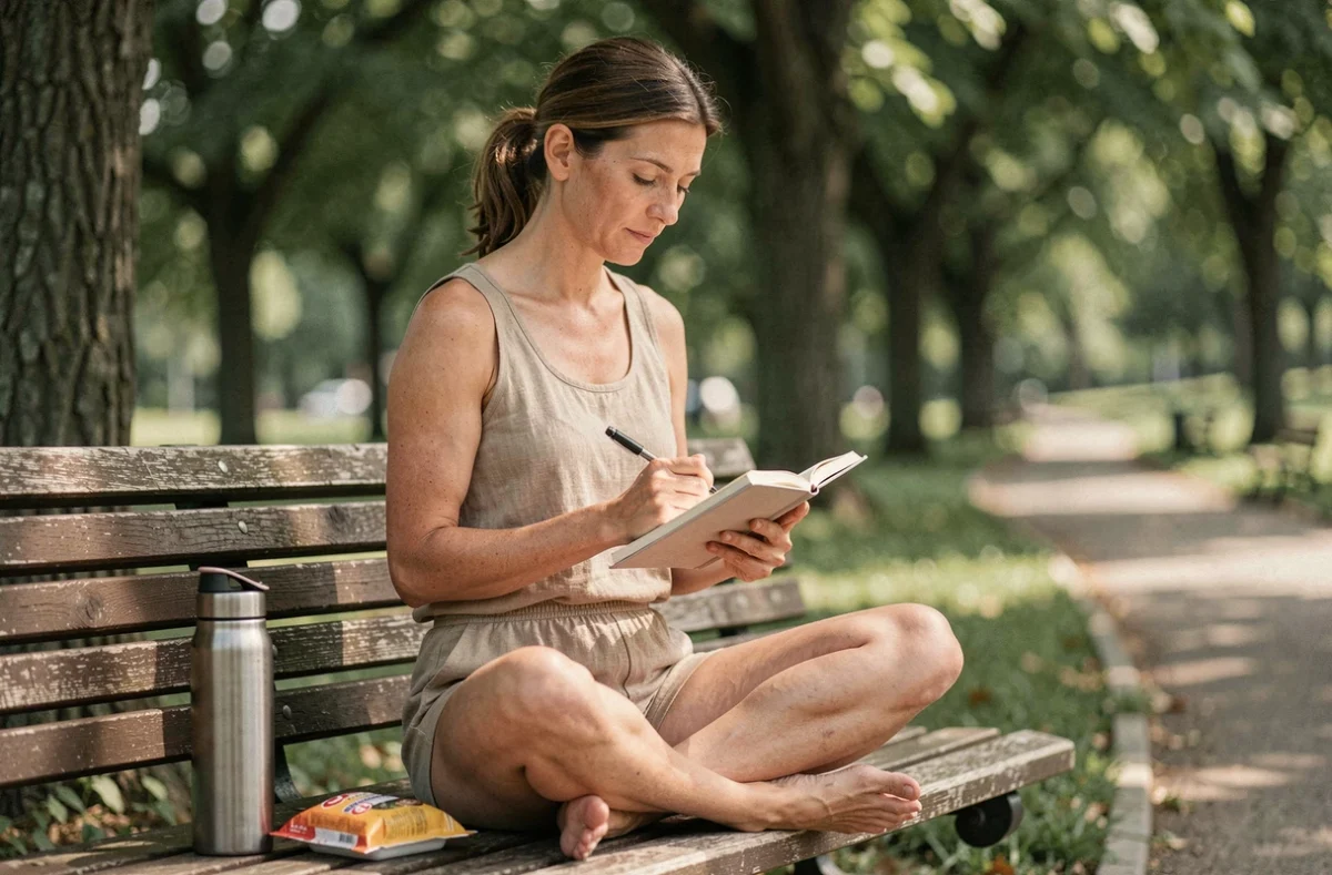 Femme écrivant dans un journal en plein air, illustrant la patience et la discipline mentale pour éliminer la cellulite naturellement