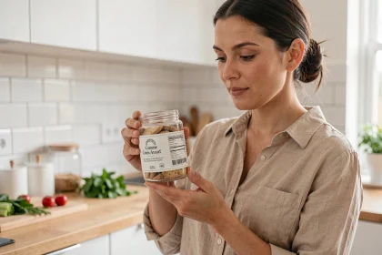 Femme lisant l'étiquette d'un produit Comme Avant dans une cuisine moderne, évaluant la composition des ingrédients naturels