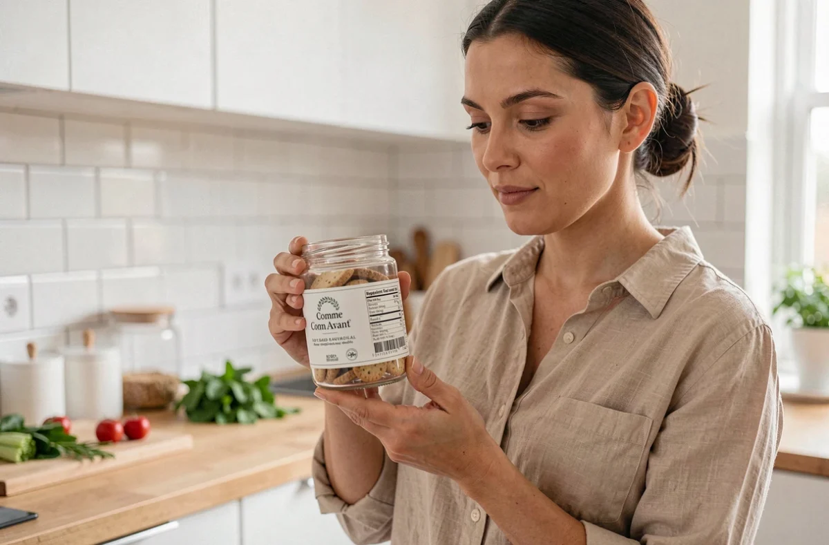 Femme lisant l'étiquette d'un produit Comme Avant dans une cuisine moderne, évaluant la composition des ingrédients naturels