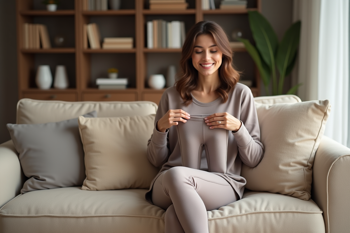 Femme souriante compare deux tailles de leggings confortables
