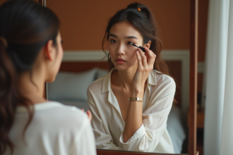 Femme appliquant mascara à ses yeux dans un miroir