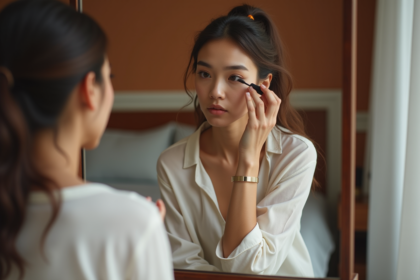 Femme appliquant mascara à ses yeux dans un miroir