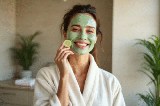 Femme souriante appliquant un masque de concombre sur le visage