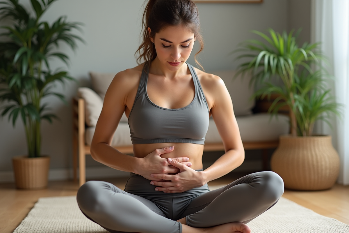 Femme en sport pratique un massage abdominal dans un salon
