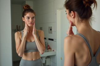 Femme se massant la mâchoire dans une salle de bain moderne