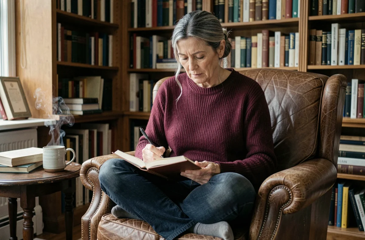 Femme mature aux cheveux gris argentés écrivant dans un journal dans une bibliothèque cosy, beauté féminine et bienveillance envers soi