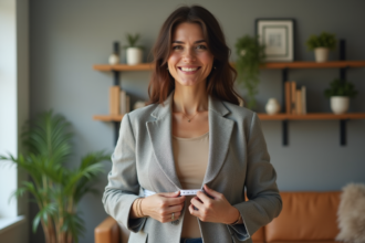 Femme mesurant son blazer avec un ruban