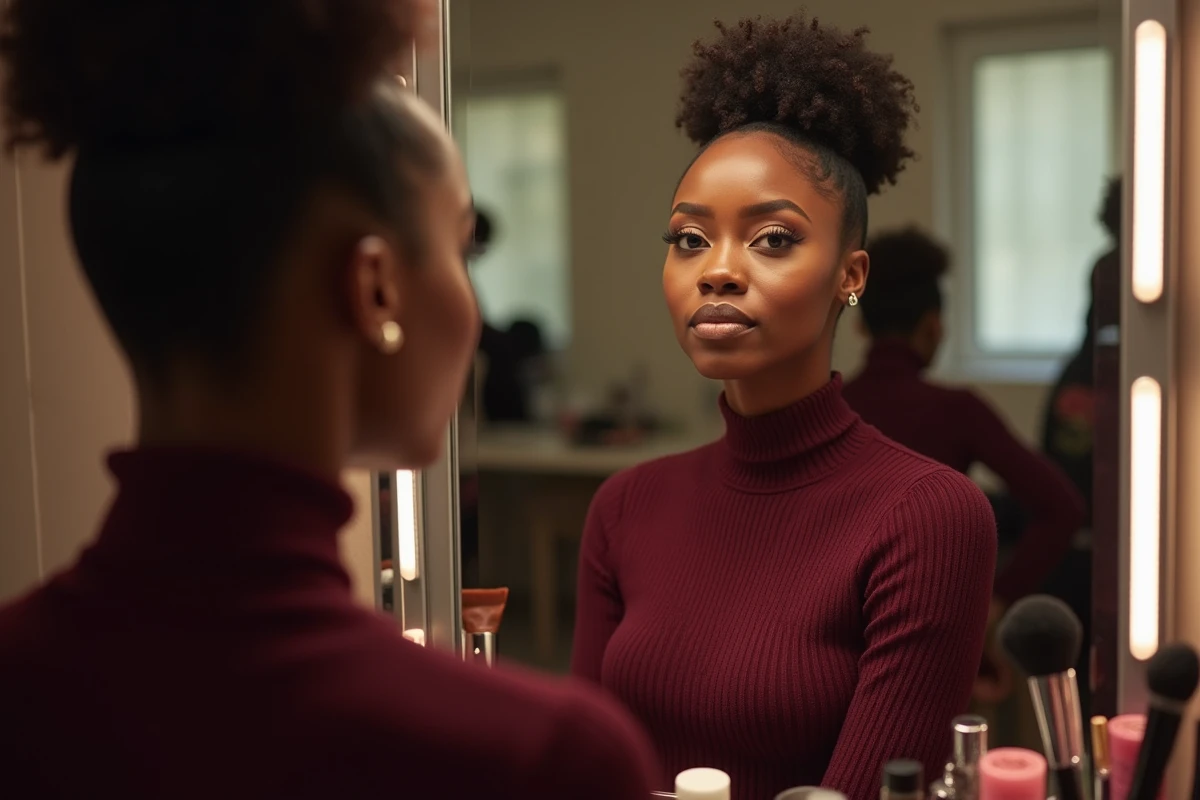 Femme devant un miroir en loge de maquillage illustrant la perception subjective de la beauté féminine