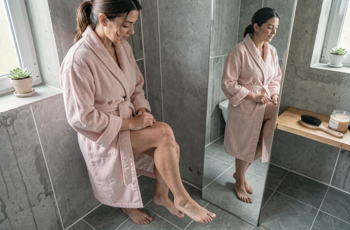 Femme observant sa silhouette dans un miroir de salle de bain avec des accessoires de soin anti-cellulite, symbole de transformation et de confiance en soi