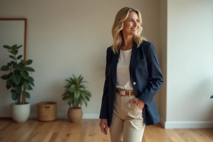 Femme élégante en blazer bleu et pantalon beige