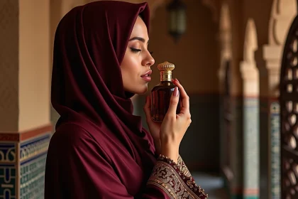 Femme orientale en abaya bordeaux tenant un flacon de parfum ambré dans un riad marocain aux carreaux de zellige colorés