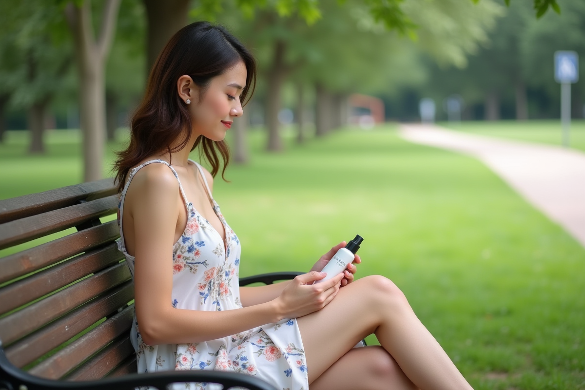 Jeune femme en robe fleurie dans un parc en été
