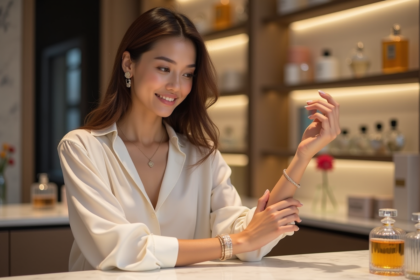 Femme élégante testant un parfum dans une boutique sophistiquée